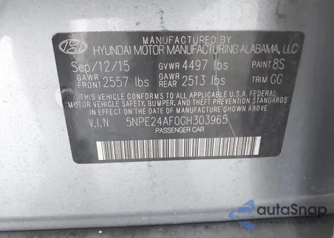 2016 Hyundai Sonata Se z USA, uszkodzony, nr VIN 5NPE24AF0GH303965